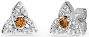 Diamond Citrine White Gold Celtic Trinity Knot Stud Earrings