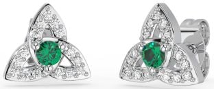 Diamond Emerald White Gold Celtic Trinity Knot Stud Earrings