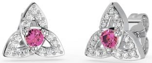 Diamond Pink Tourmaline White Gold Celtic Trinity Knot Stud Earrings