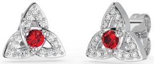 Diamond Ruby White Gold Celtic Trinity Knot Stud Earrings