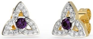 Diamond Alexandrite White Yellow Gold Celtic Trinity Knot Stud Earrings