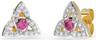 Diamond Pink Tourmaline White Yellow Gold Celtic Trinity Knot Stud Earrings