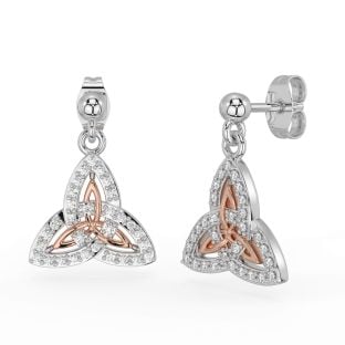 Diamond Rose Gold Silver Celtic Trinity Knot Dangle Earrings