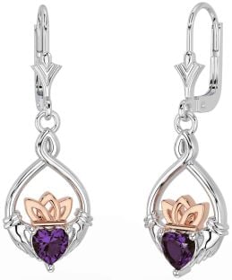 Alexandrite Rose Gold Silver Celtic Claddagh Dangle Earrings