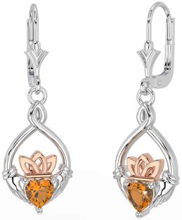 Citrin Rose Gold Silber keltisch Claddagh Baumeln Ohrringe