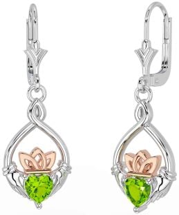 Peridot Rose Gold Silver Celtic Claddagh Dangle Earrings