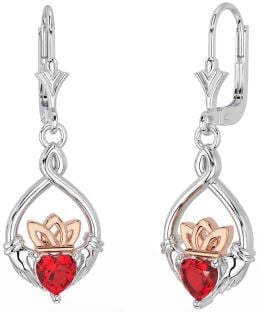 Ruby Rose Gold Silver Celtic Claddagh Dangle Earrings