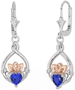 Sapphire Rose Gold Silver Celtic Claddagh Dangle Earrings