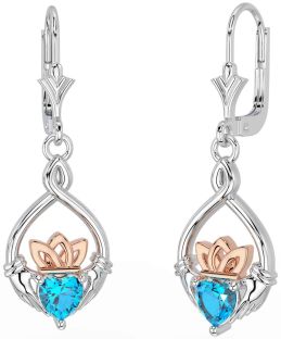 Topaz Rose Gold Silver Celtic Claddagh Dangle Earrings