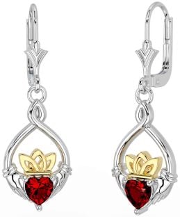 Garnet Gold Silver Celtic Claddagh Dangle Earrings