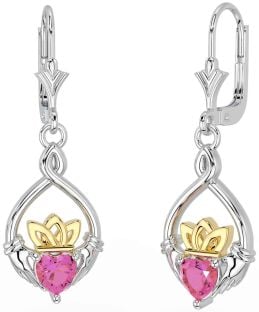 Pink Tourmaline Gold Silver Celtic Claddagh Dangle Earrings