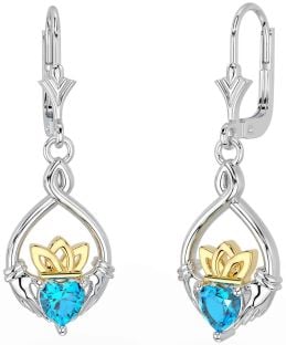 Topaz Gold Silver Celtic Claddagh Dangle Earrings