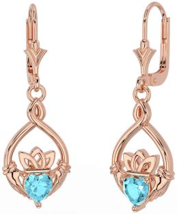 Aquamarine Rose Gold Silver Celtic Claddagh Dangle Earrings