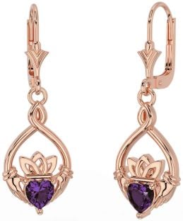 Alexandrite Rose Gold Silver Celtic Claddagh Dangle Earrings