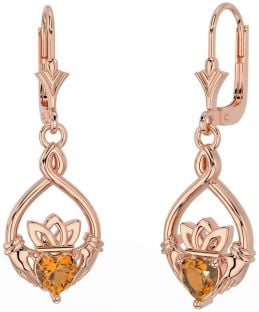 Citrin Rose Gold Silber keltisch Claddagh Baumeln Ohrringe