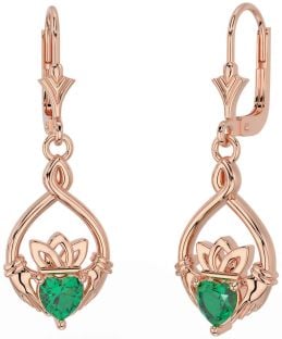 Emerald Rose Gold Silver Celtic Claddagh Dangle Earrings