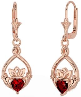 Granat Rose Gold Silber keltisch Claddagh Baumeln Ohrringe