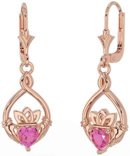 Pink Tourmaline Rose Gold Silver Celtic Claddagh Dangle Earrings