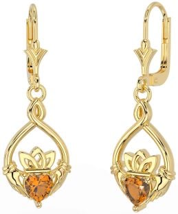 Citrine Gold Silver Celtic Claddagh Dangle Earrings