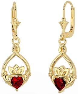 Garnet Gold Silver Celtic Claddagh Dangle Earrings