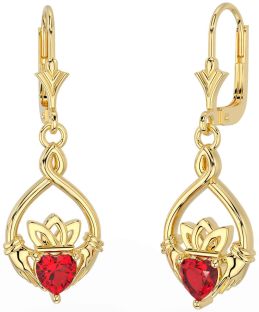 Ruby Gold Silver Celtic Claddagh Dangle Earrings