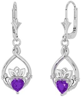 Amethyst Silver Celtic Claddagh Dangle Earrings