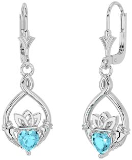 Aquamarine Silver Celtic Claddagh Dangle Earrings