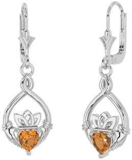 Citrine Silver Celtic Claddagh Dangle Earrings