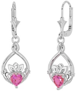 Pink Tourmaline Silver Celtic Claddagh Dangle Earrings