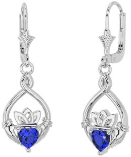 Sapphire Silver Celtic Claddagh Dangle Earrings