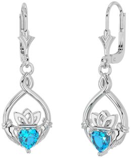 Topaz Silver Celtic Claddagh Dangle Earrings