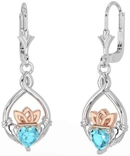 Aquamarine Rose Gold Silver Celtic Claddagh Dangle Earrings