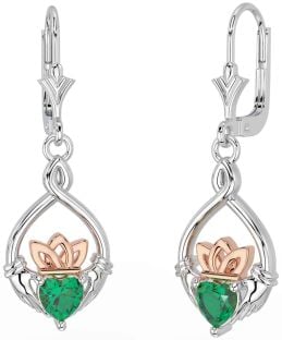 Emerald Rose Gold Silver Celtic Claddagh Dangle Earrings