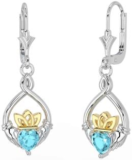 Aquamarine Gold Silver Celtic Claddagh Dangle Earrings