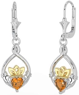 Citrine Or Argent celtique Claddagh Pendre Des boucles d'oreilles