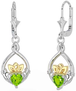 Peridoto Ouro Prata céltico Claddagh Pendurar Brincos