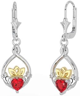 Ruby Gold Silver Celtic Claddagh Dangle Earrings