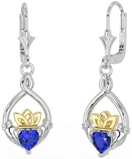 Sapphire Gold Silver Celtic Claddagh Dangle Earrings