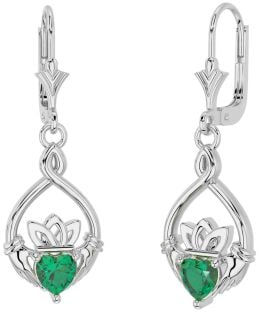 émeraude Blanc Or celtique Claddagh Pendre Des boucles d'oreilles