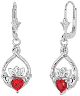 Ruby White Gold Celtic Claddagh Dangle Earrings