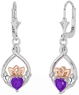 Améthyste Blanc Rose Or celtique Claddagh Pendre Des boucles d'oreilles