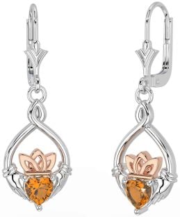 Citrine Blanc Rose Or celtique Claddagh Pendre Des boucles d'oreilles