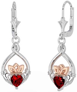 Garnet White Rose Gold Celtic Claddagh Dangle Earrings