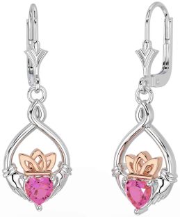 Pink Tourmaline White Rose Gold Celtic Claddagh Dangle Earrings