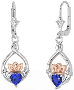 Sapphire White Rose Gold Celtic Claddagh Dangle Earrings