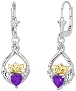 Amethyst Weiß Gelb Gold keltisch Claddagh Baumeln Ohrringe