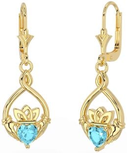 Aquamarine Gold Celtic Claddagh Dangle Earrings