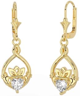 Diamond Gold Celtic Claddagh Dangle Earrings