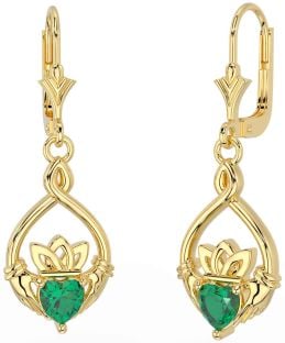 Emerald Gold Celtic Claddagh Dangle Earrings