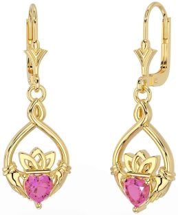 Pink Tourmaline Gold Celtic Claddagh Dangle Earrings